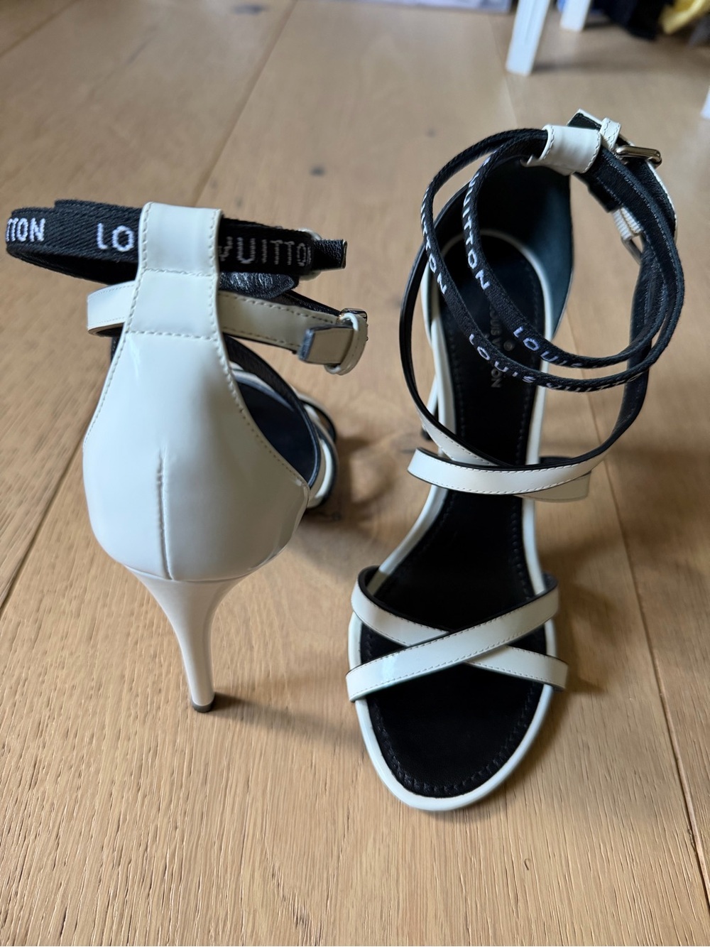 Louis Vuitton white patent and Black double strap Leather Stiletto Sandals